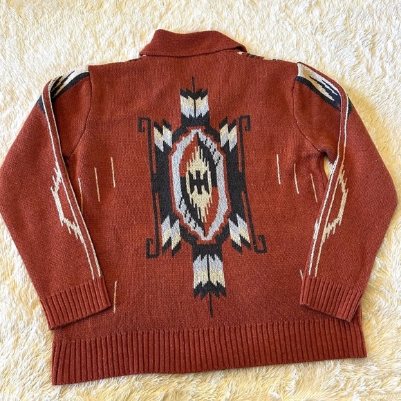 Western Cowichan Native Knit Red Shawl Collar Traditional Button Front Sweater - Picture 6 of 8